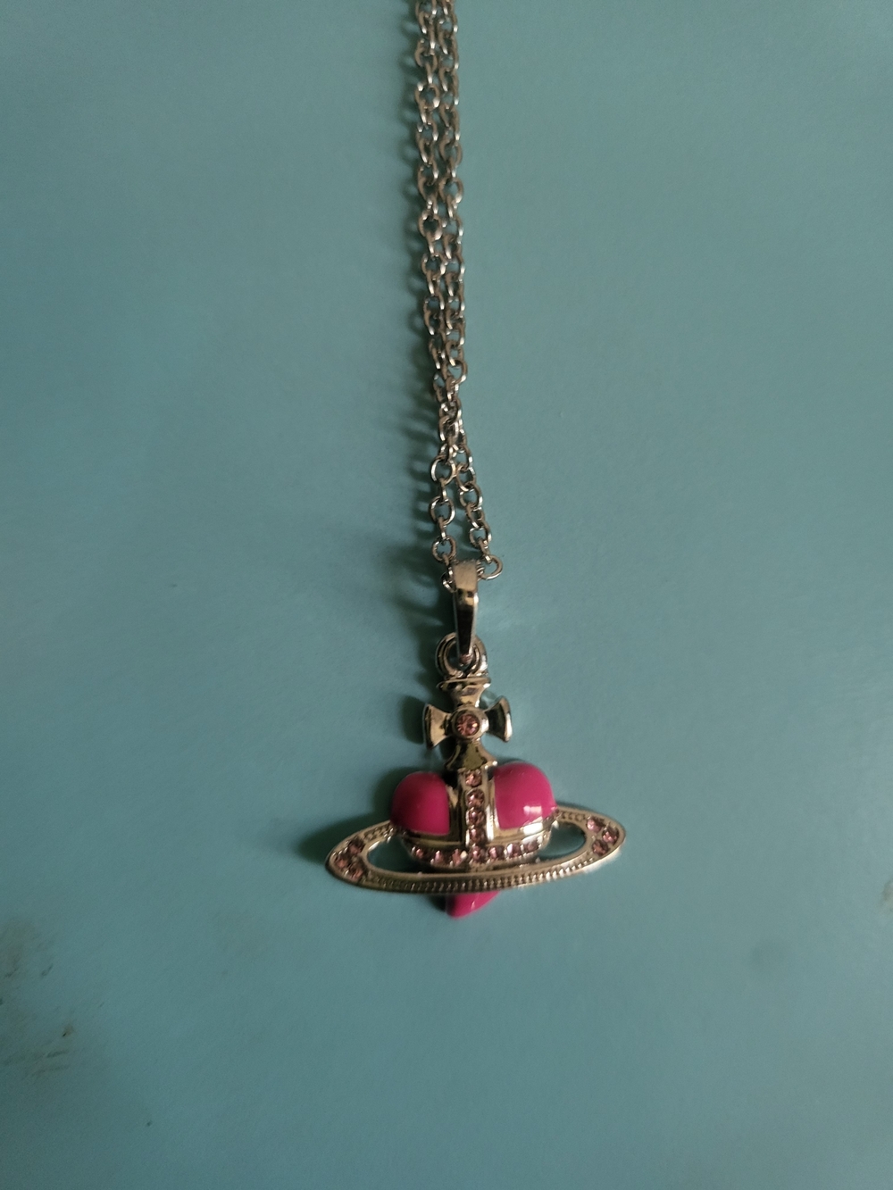 Vivienne Westwood Pink Heart Orb Pendant Necklace - Silver Tone